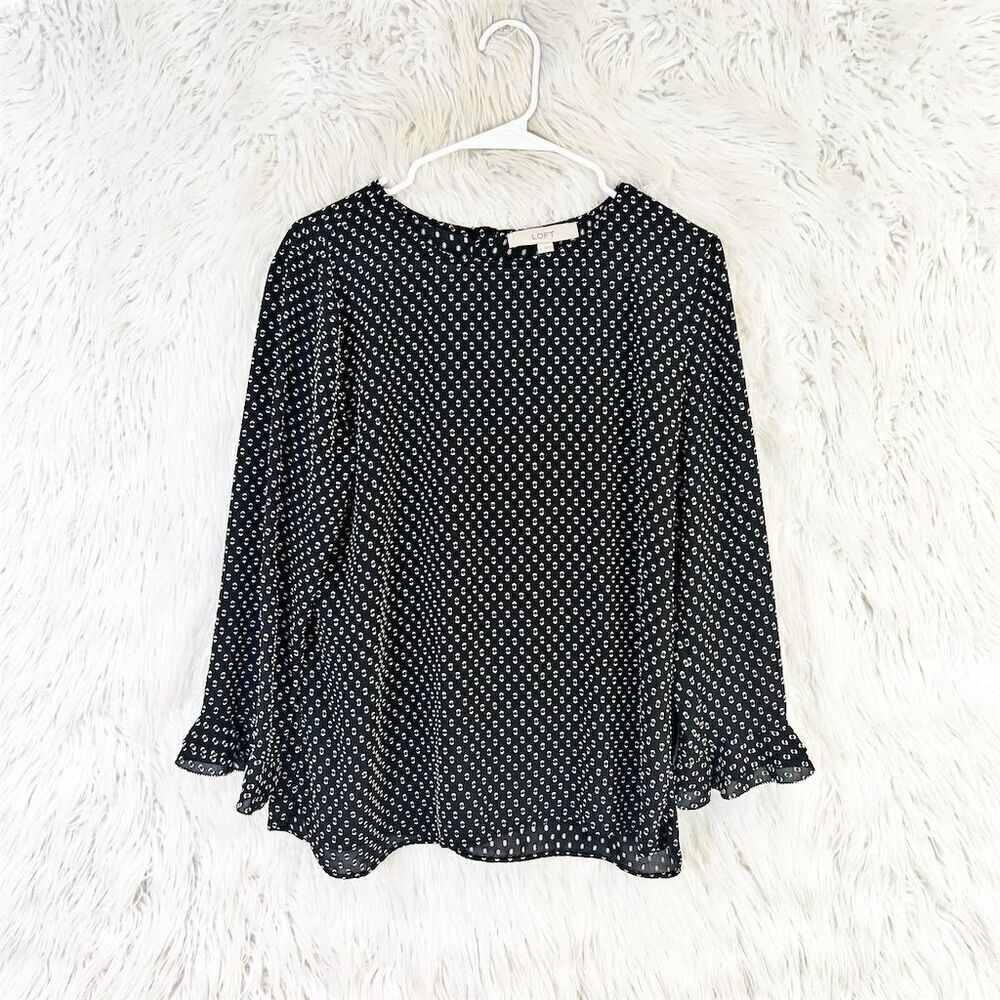 Ann Taylor LOFT Women's M Black clip Dot Blouse 3/4 Flared Sleeve